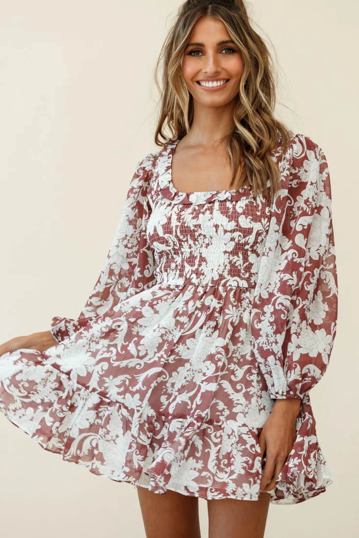 Athaliah Shirred Bust Balloon Sleeve Dress Ornate Print Maroon - Seraphlike