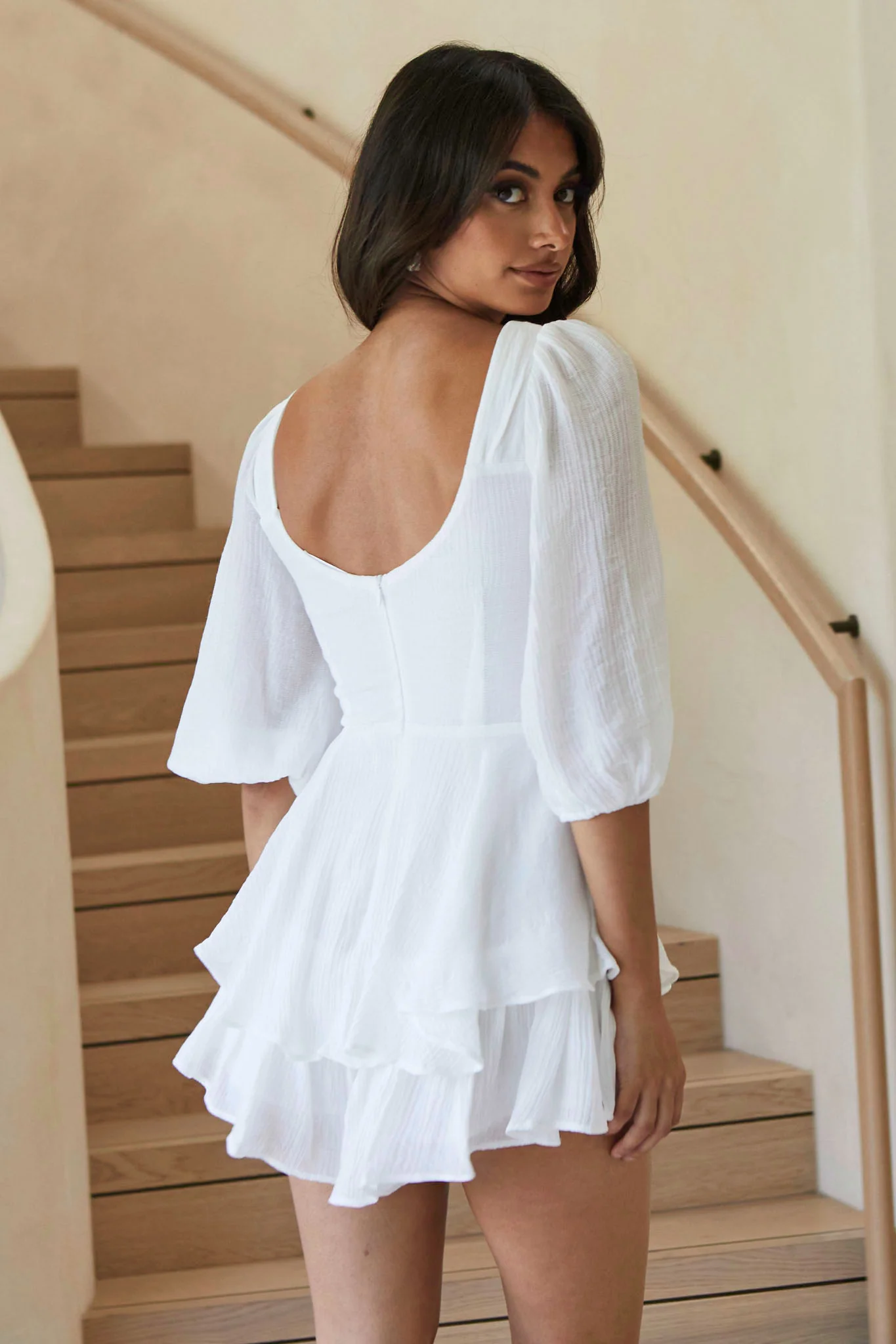 Picture This Three Quarter Sleeve Cut-Out Bust Romper White - Seraphlike