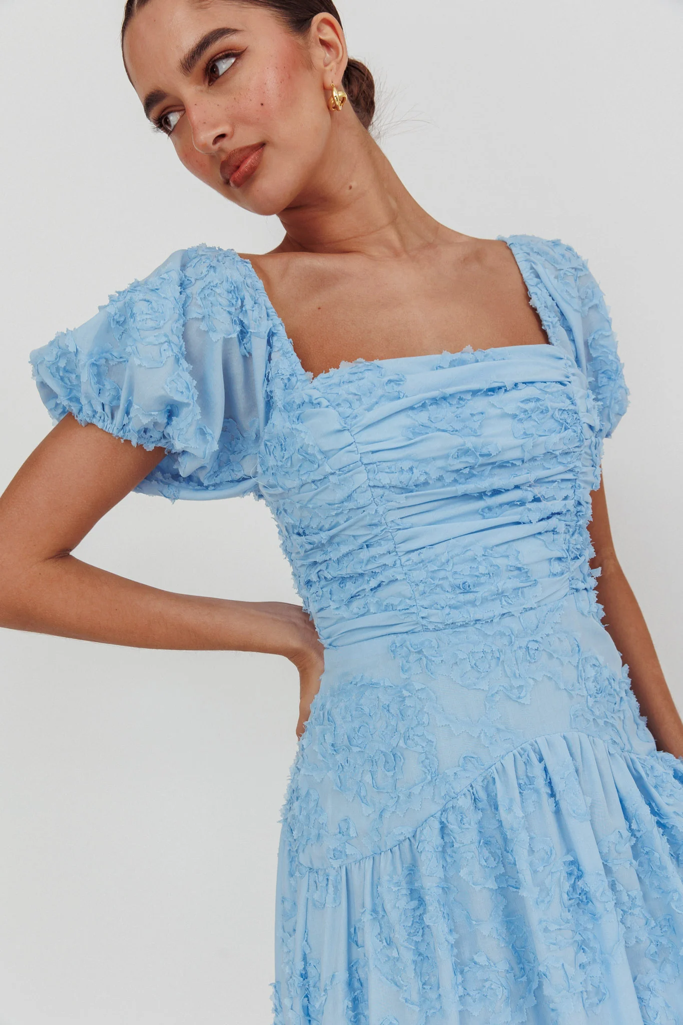 Telma Puff Sleeves Midi Dress Blue - Seraphlike