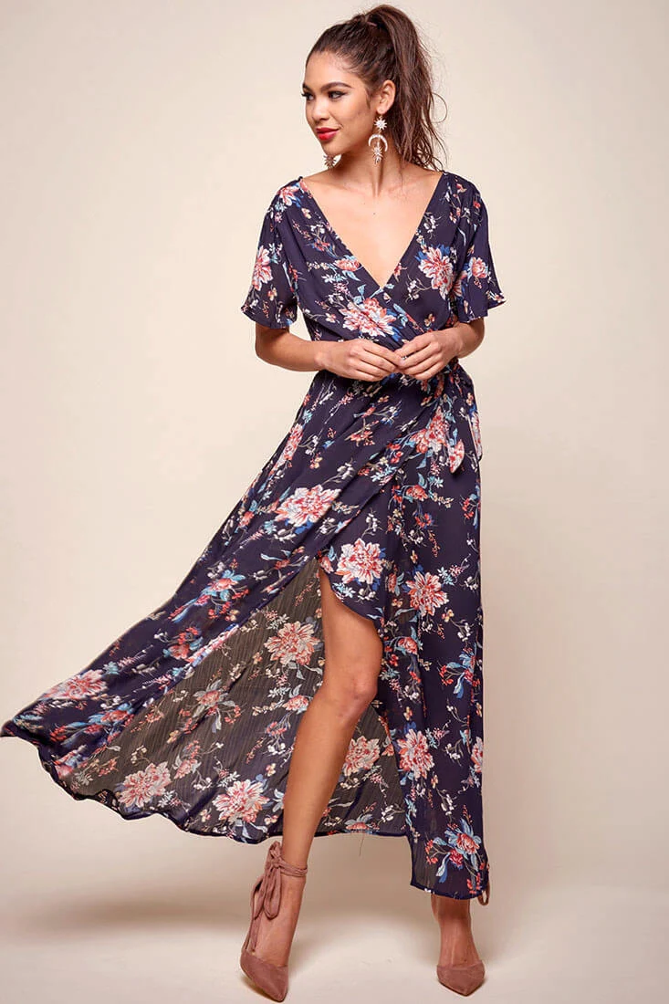 Cheri Floral Wrap Maxi Dress Navy - Seraphlike