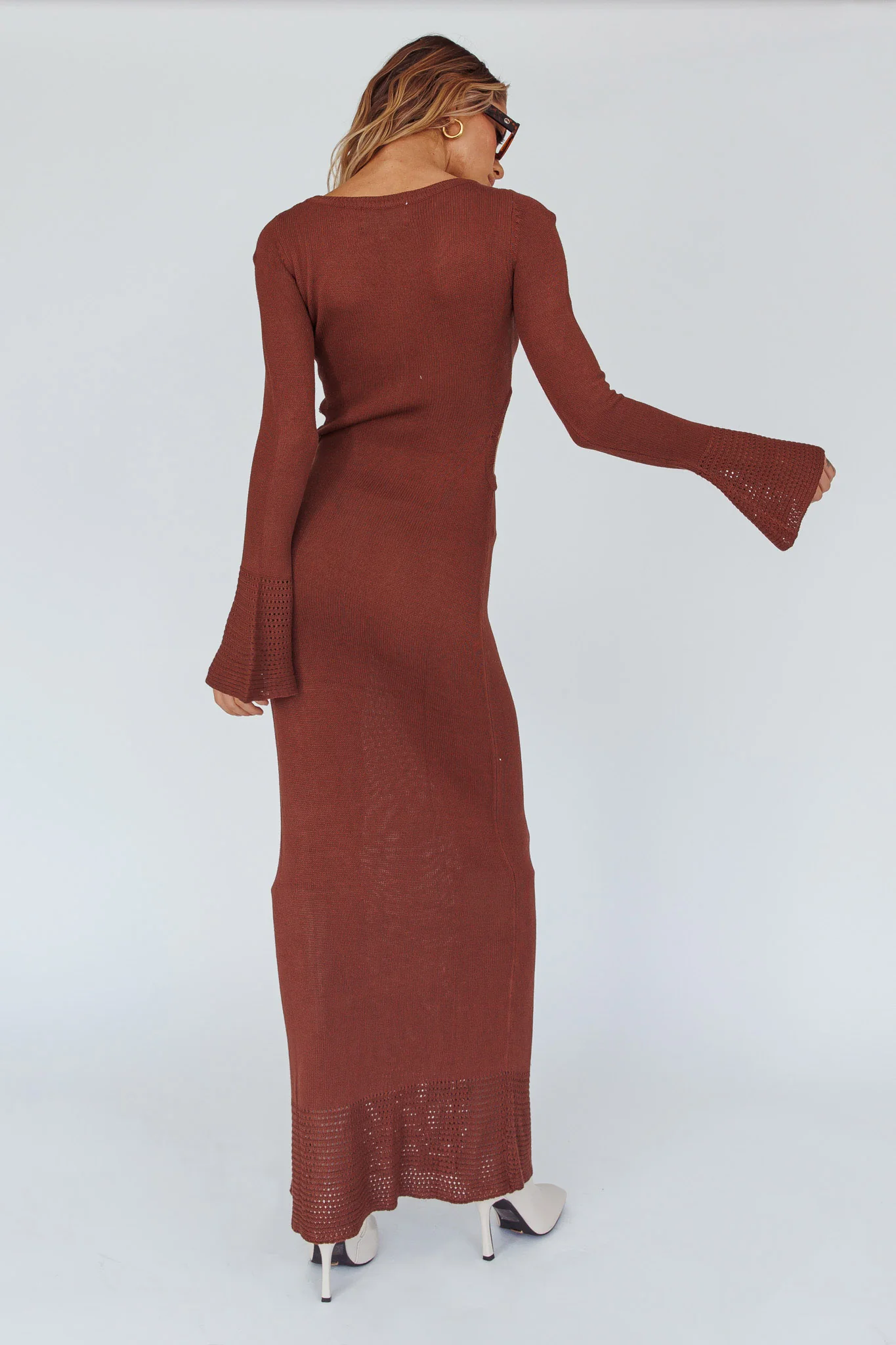 Long Sleeve Cut-Out Knit Maxi Dress Coffee - Seraphlike