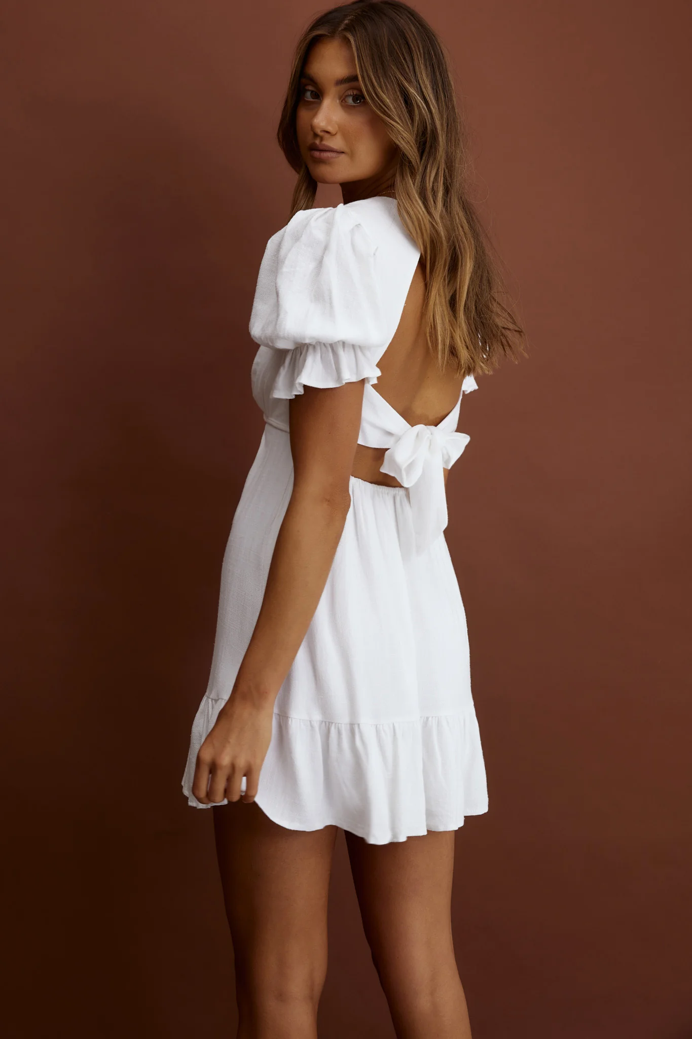 Nylah Puff Sleeve Tied Dress White - Seraphlike