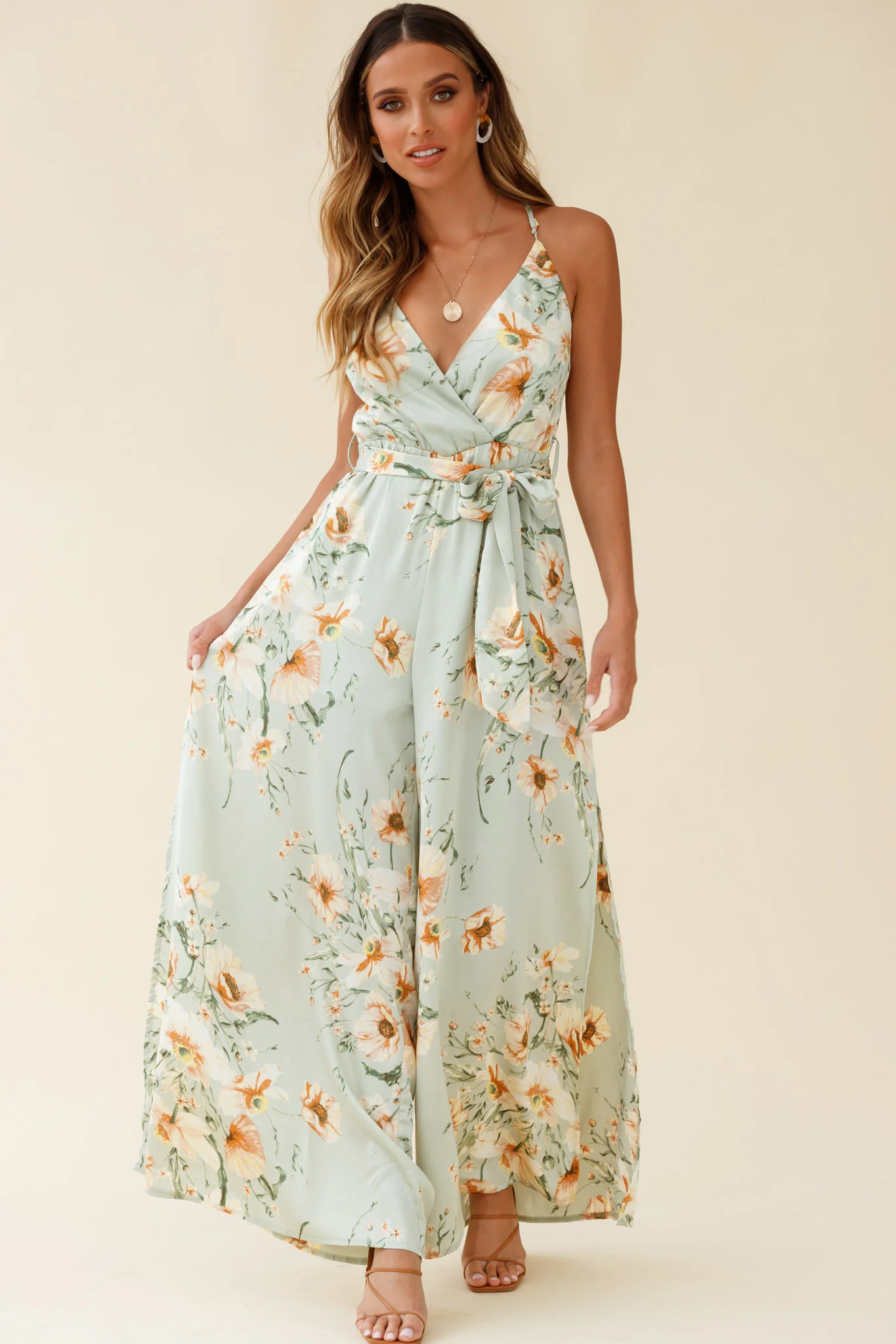 Miso Wide-Leg Cami Jumpsuit Poppy Print Pistachio - Seraphlike