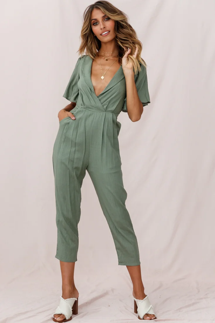 Dana Straight Leg Collared Neck Jumpsuit Olive - Seraphlike