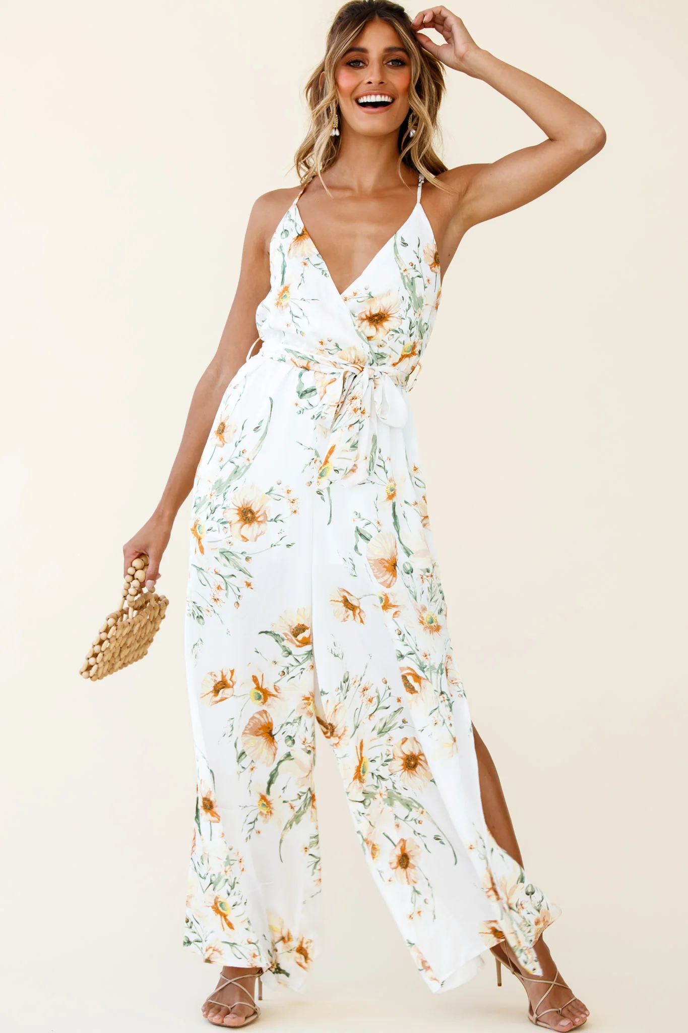 Miso Wide-Leg Cami Jumpsuit Floral Print White - Seraphlike