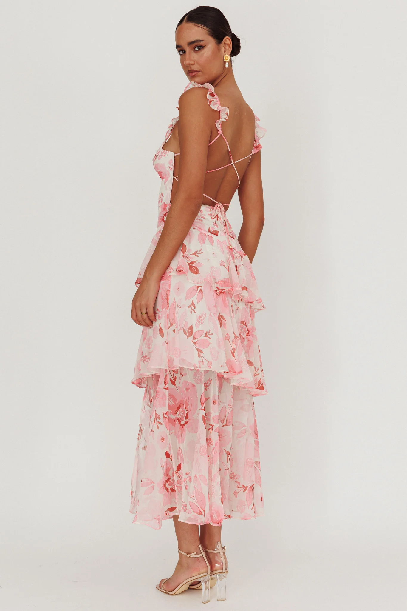 Veda Strappy Back Ruffle Maxi Dress Flowers Blush - Seraphlike