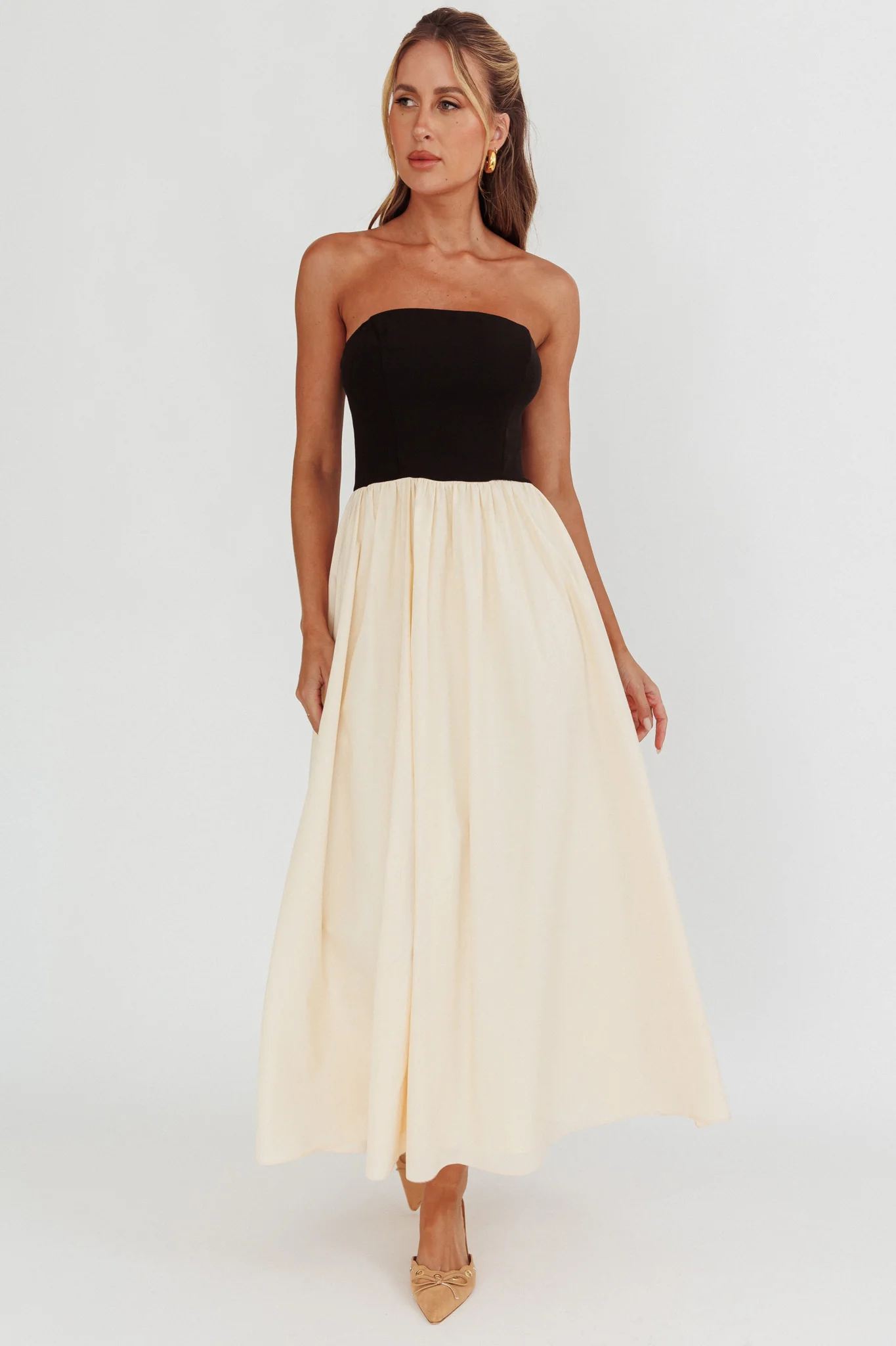 Princess Strapless Contrast Maxi Dress Black/Beige - Seraphlike