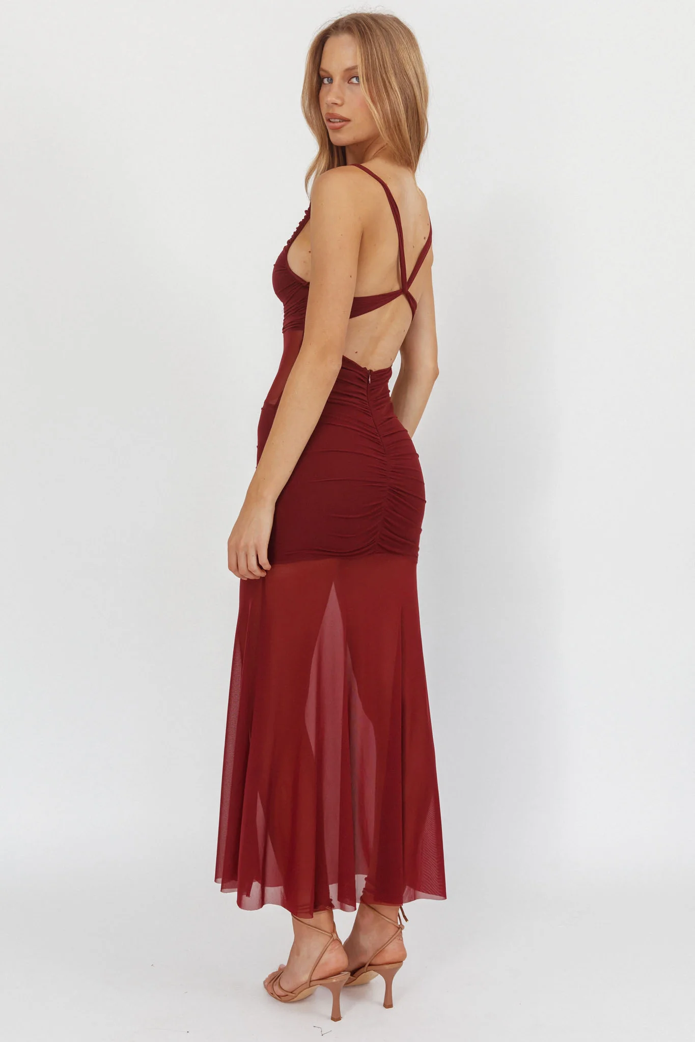 Sade Sheer Panel Ruched Maxi Dress Wine - Seraphlike