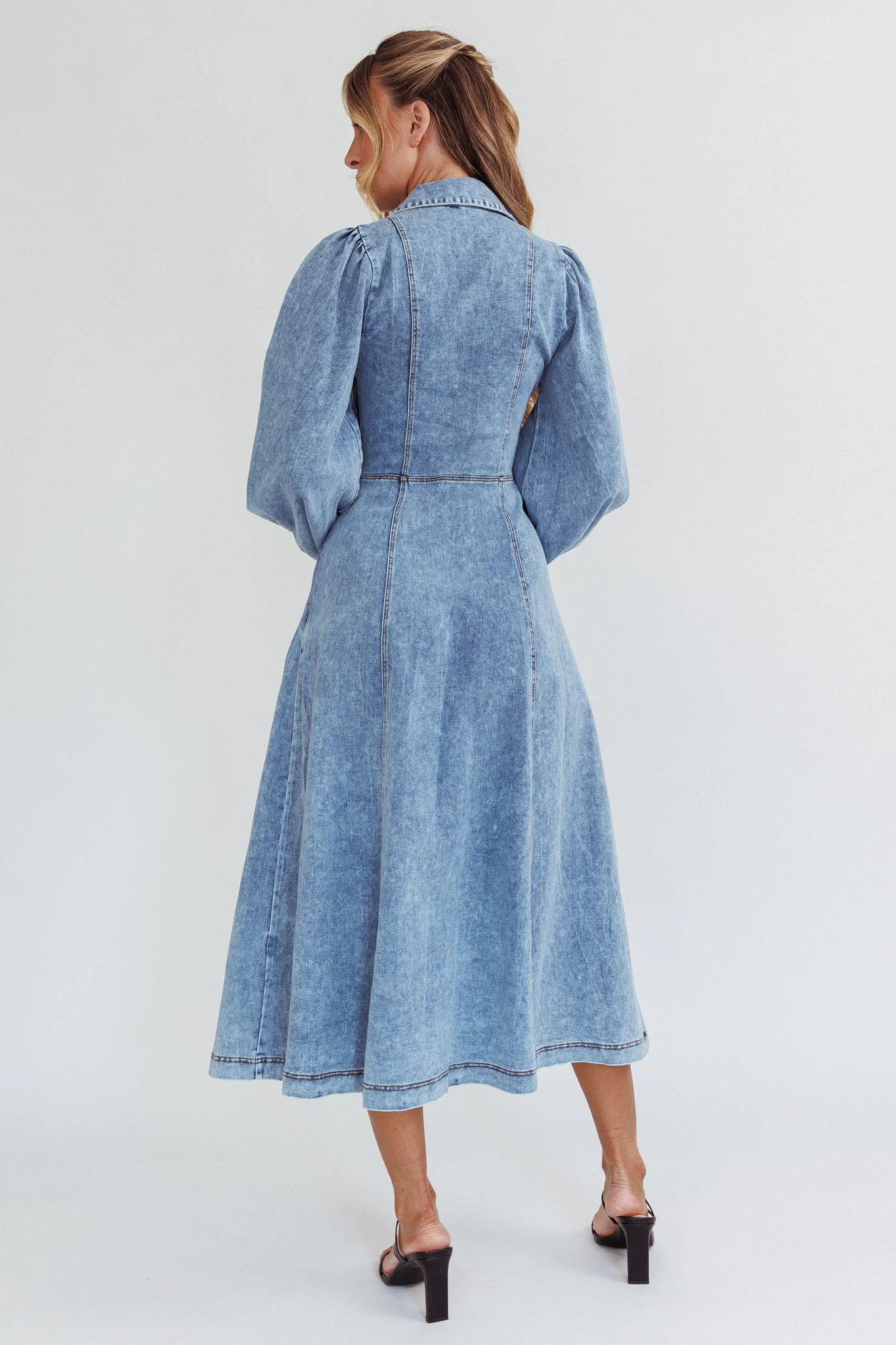 Ania Long Balloon Style Midi Dress Denim Blue - Seraphlike