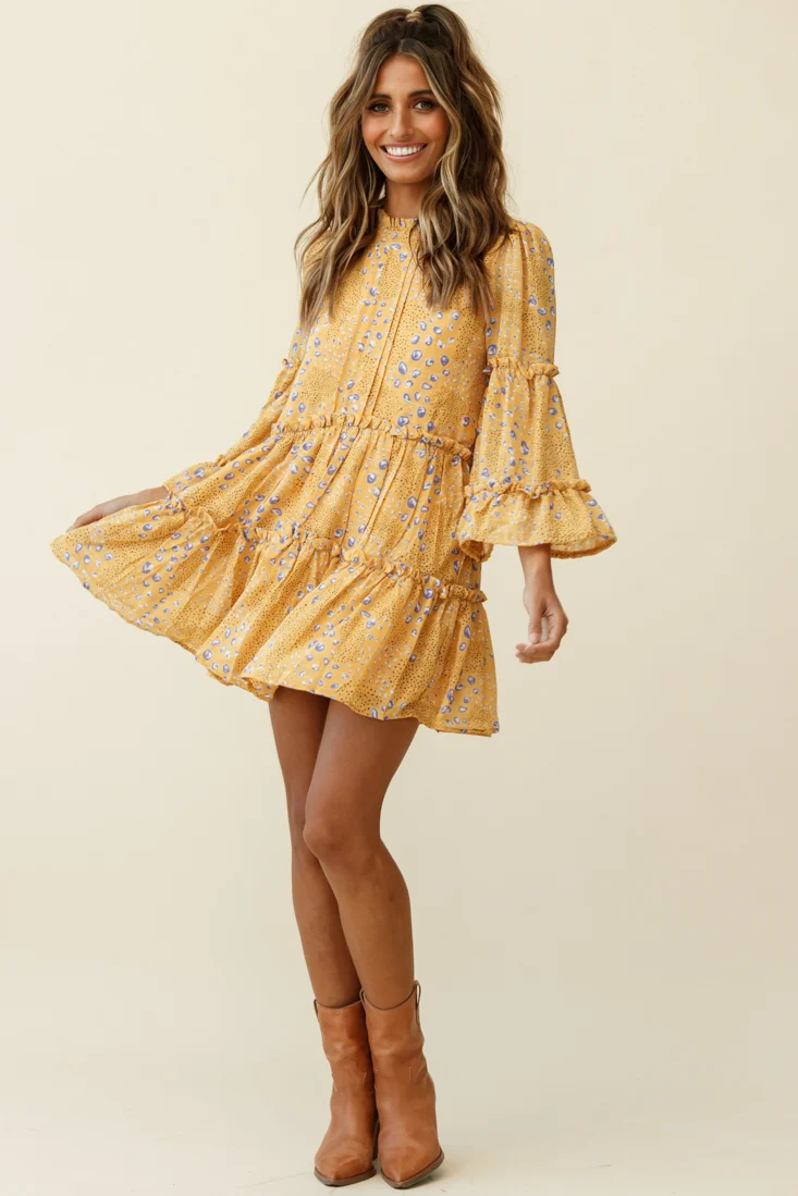 Beatrix High Neck Bell Sleeve Dress Droplet Print Yellow - Seraphlike