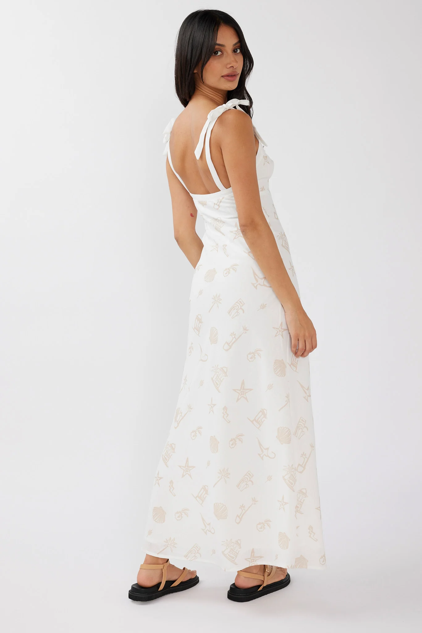 Jaya Tied Shoulder Maxi Dress Print Beige - Seraphlike