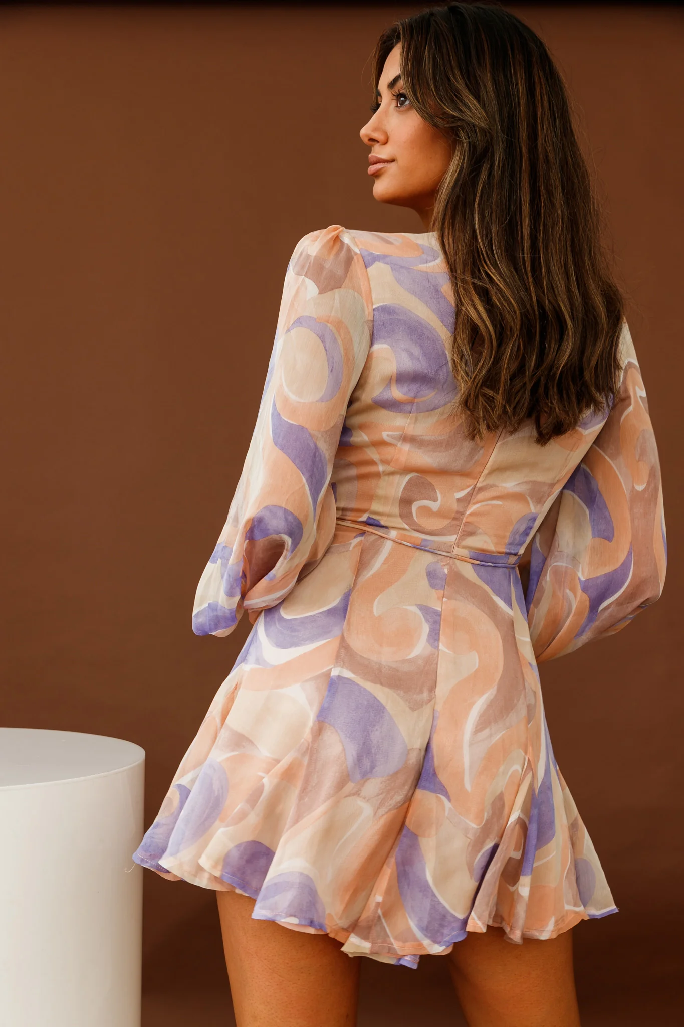 Estelle Long Sleeve V-Neckline Dress Swirl Print Nude/Purple - Seraphlike