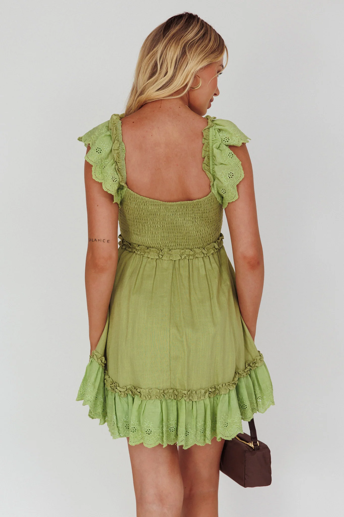 Bay Breeze Frill Shoulder Shirred Bodice Dress Olive - Seraphlike
