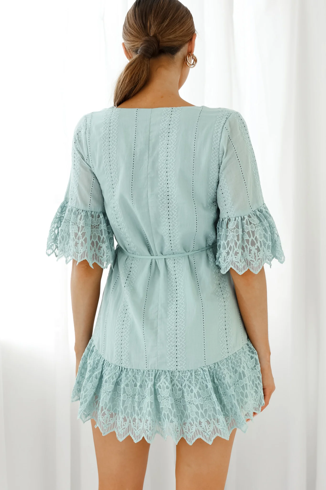 Karissa Lace Trim Waist Tie Tunic Dress Sage - Seraphlike