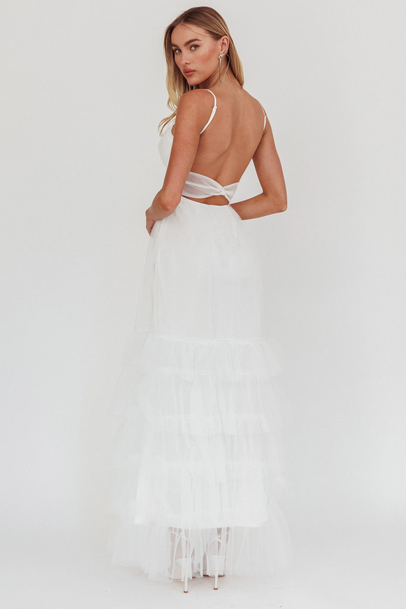 Nerida Twist Back Frill Trim Mesh Maxi Dress White - Seraphlike