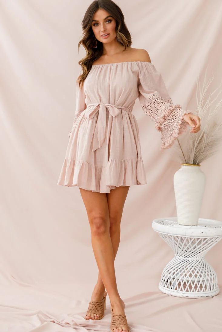 Mona Off-Shoulder Embellished Sleeve Dress Mocha - Seraphlike