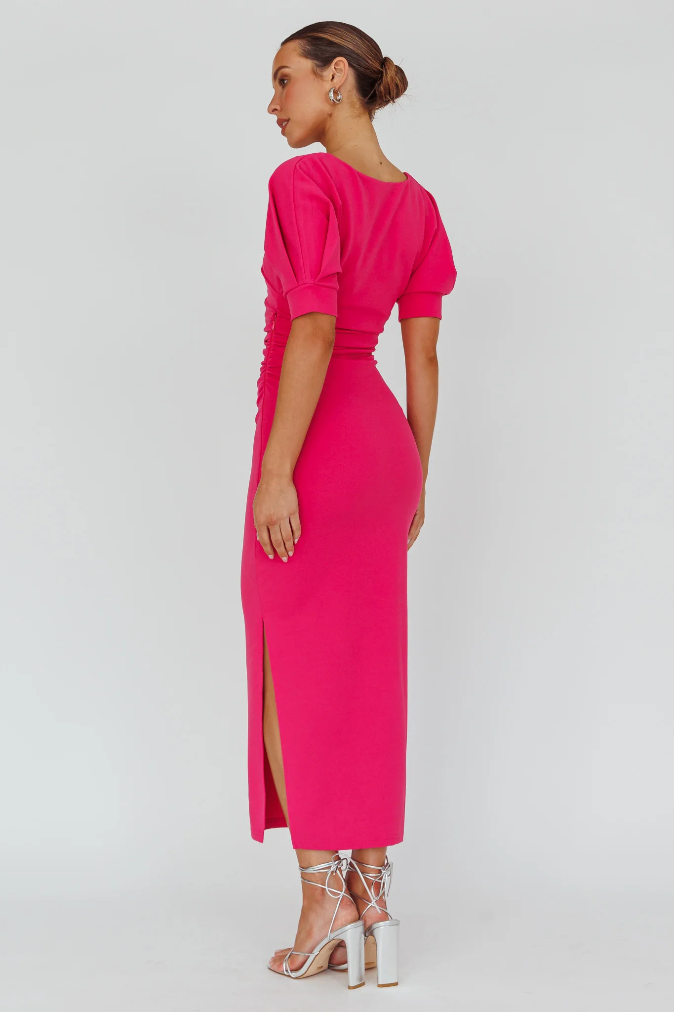 Valette Puff Sleeve Midi Dress Magenta - Seraphlike
