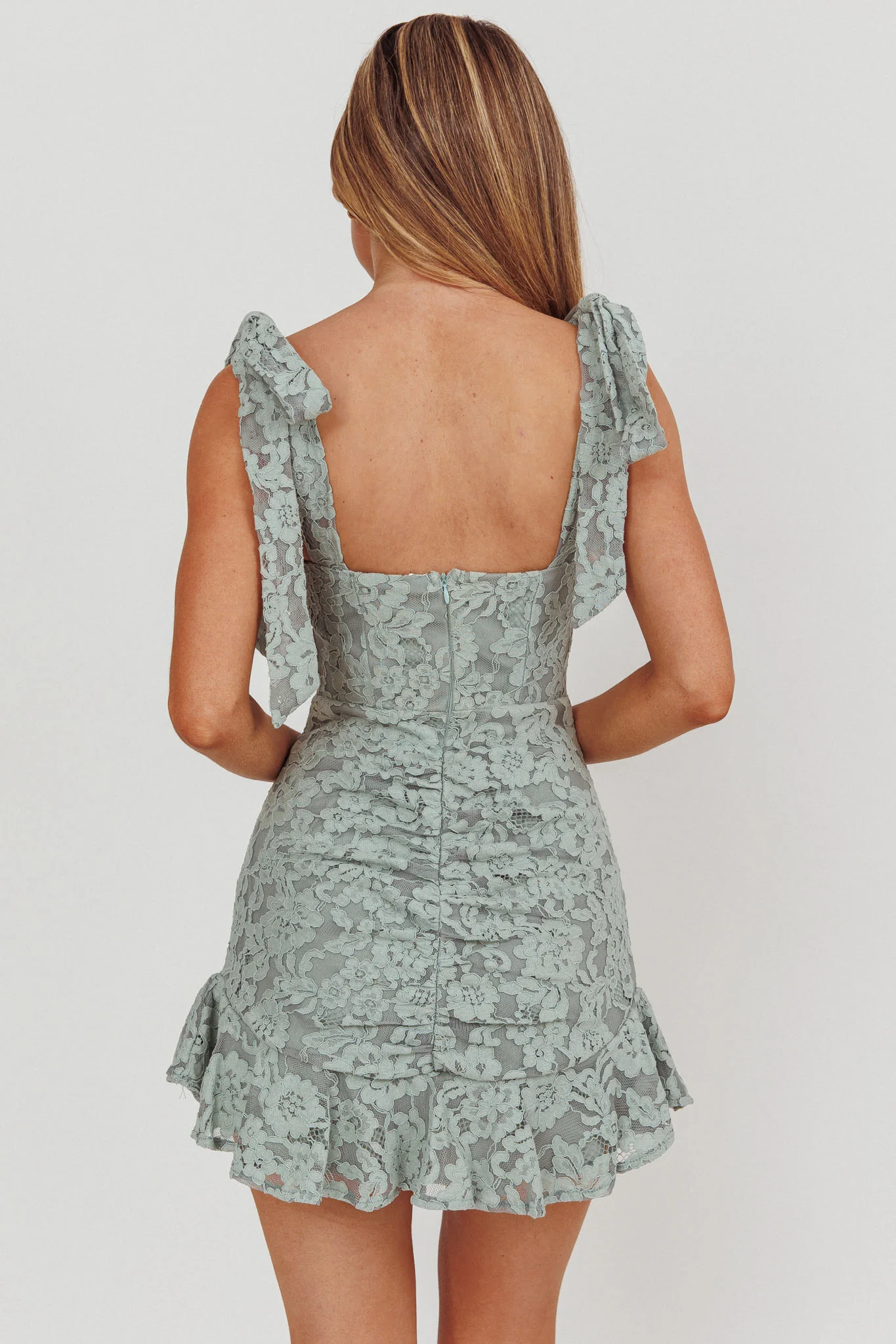 Neriah Tied Shoulder Lace Mini Dress Sage - Seraphlike