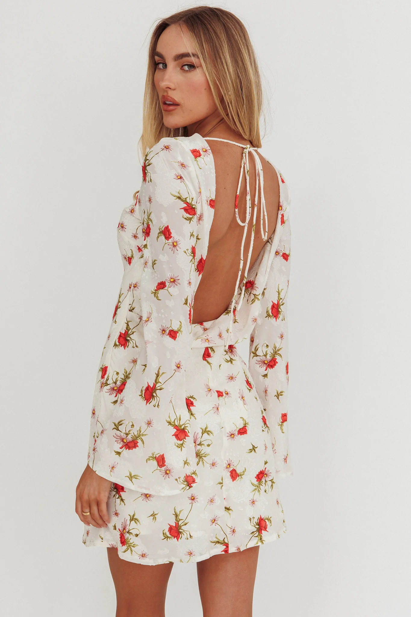 Thriller Long Sleeve Backless Mini Dress Floral White - Seraphlike