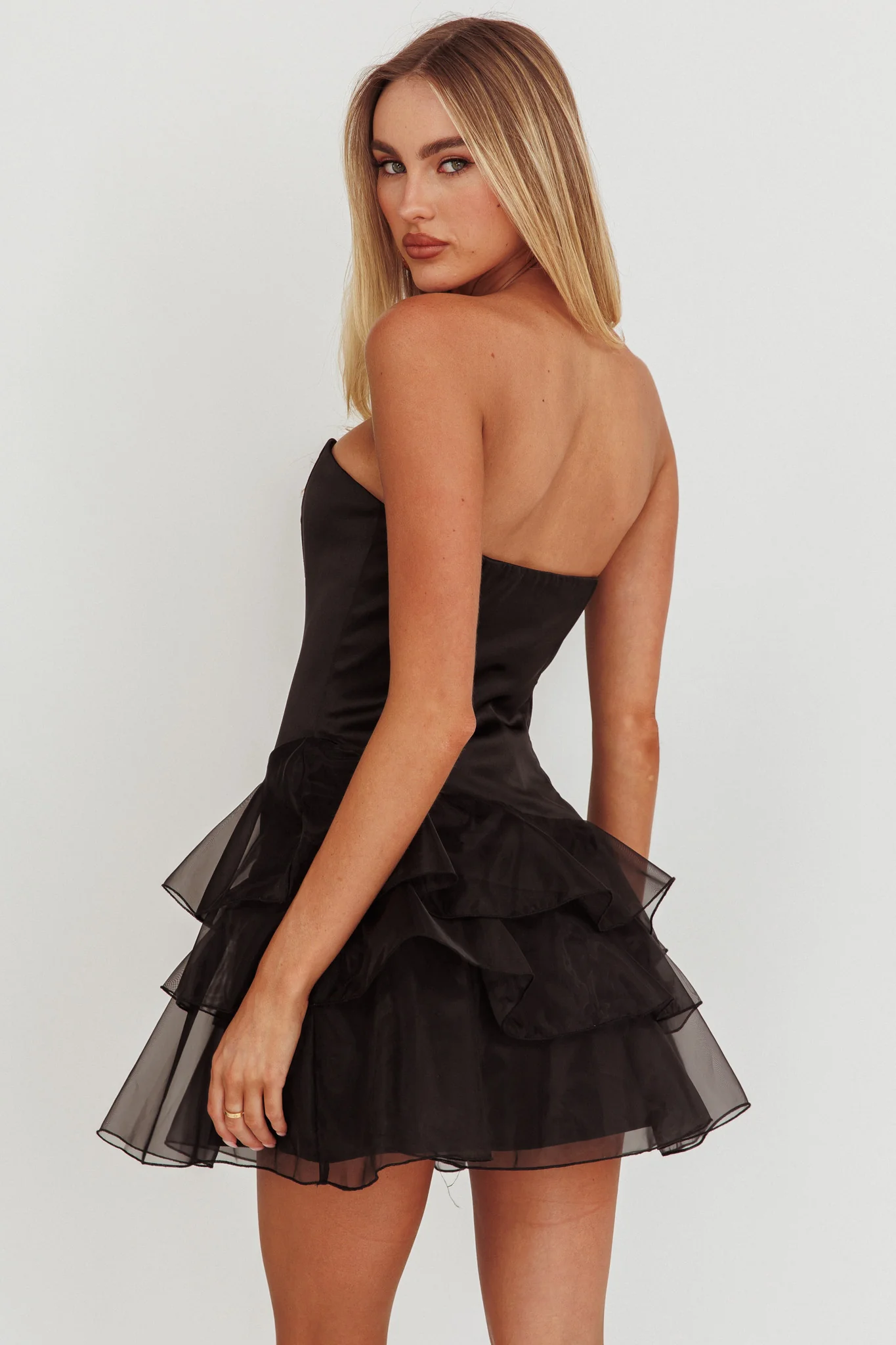 Bless Strapless Organza Ruffle Mini Dress Black - Seraphlike