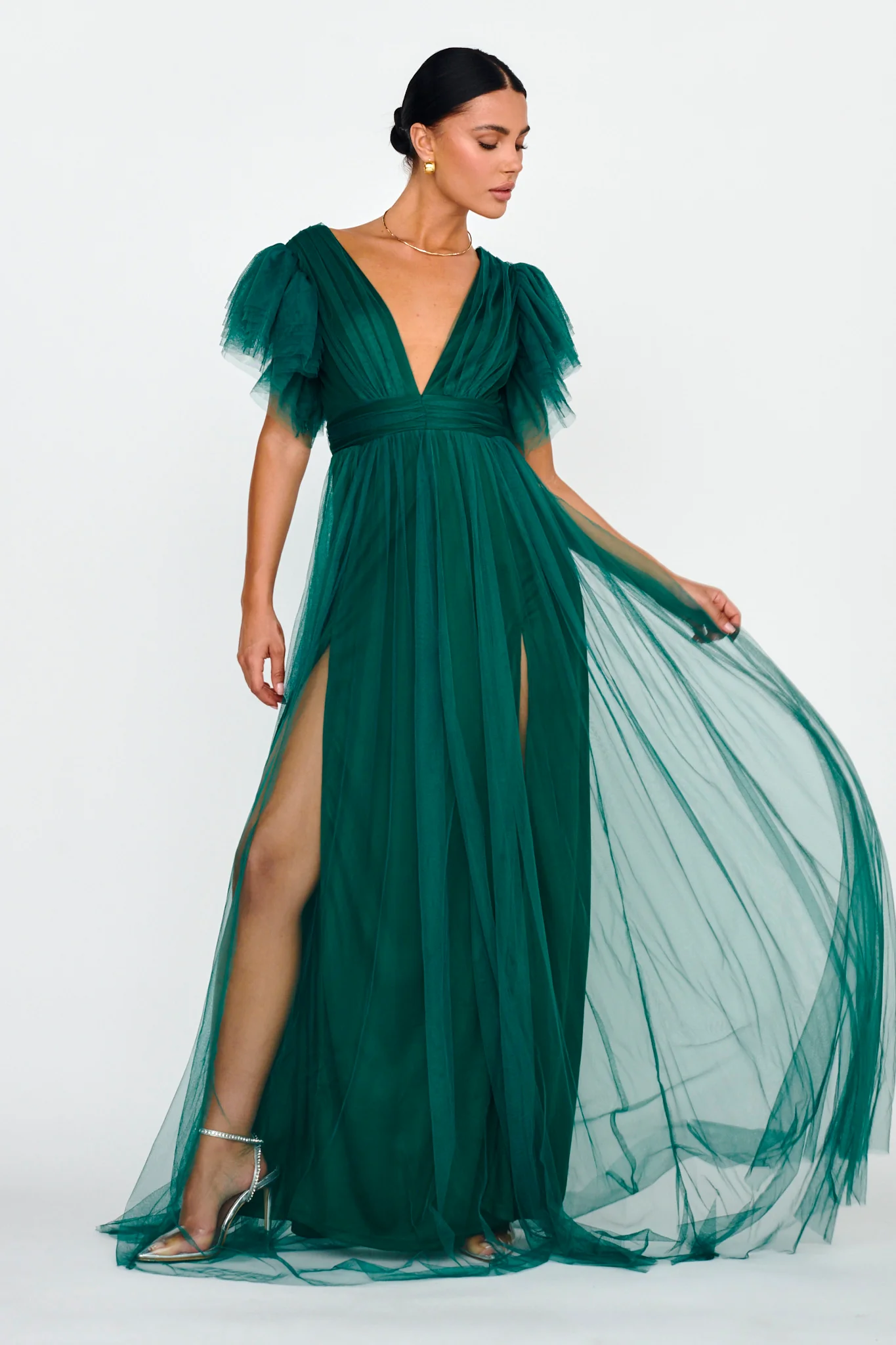 Heaven's Love Deep V-Neck Tulle Maxi Dress Hunter Green - Seraphlike