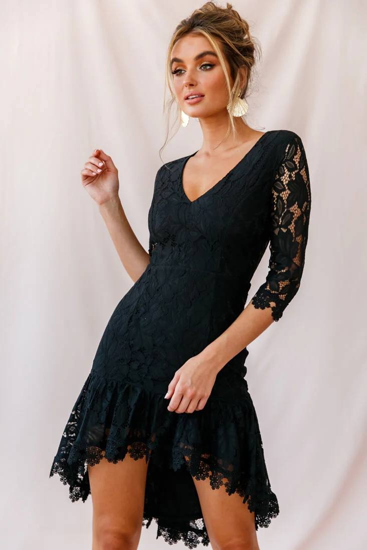 Aurora Lace High-Low Hem Dress Black - Seraphlike