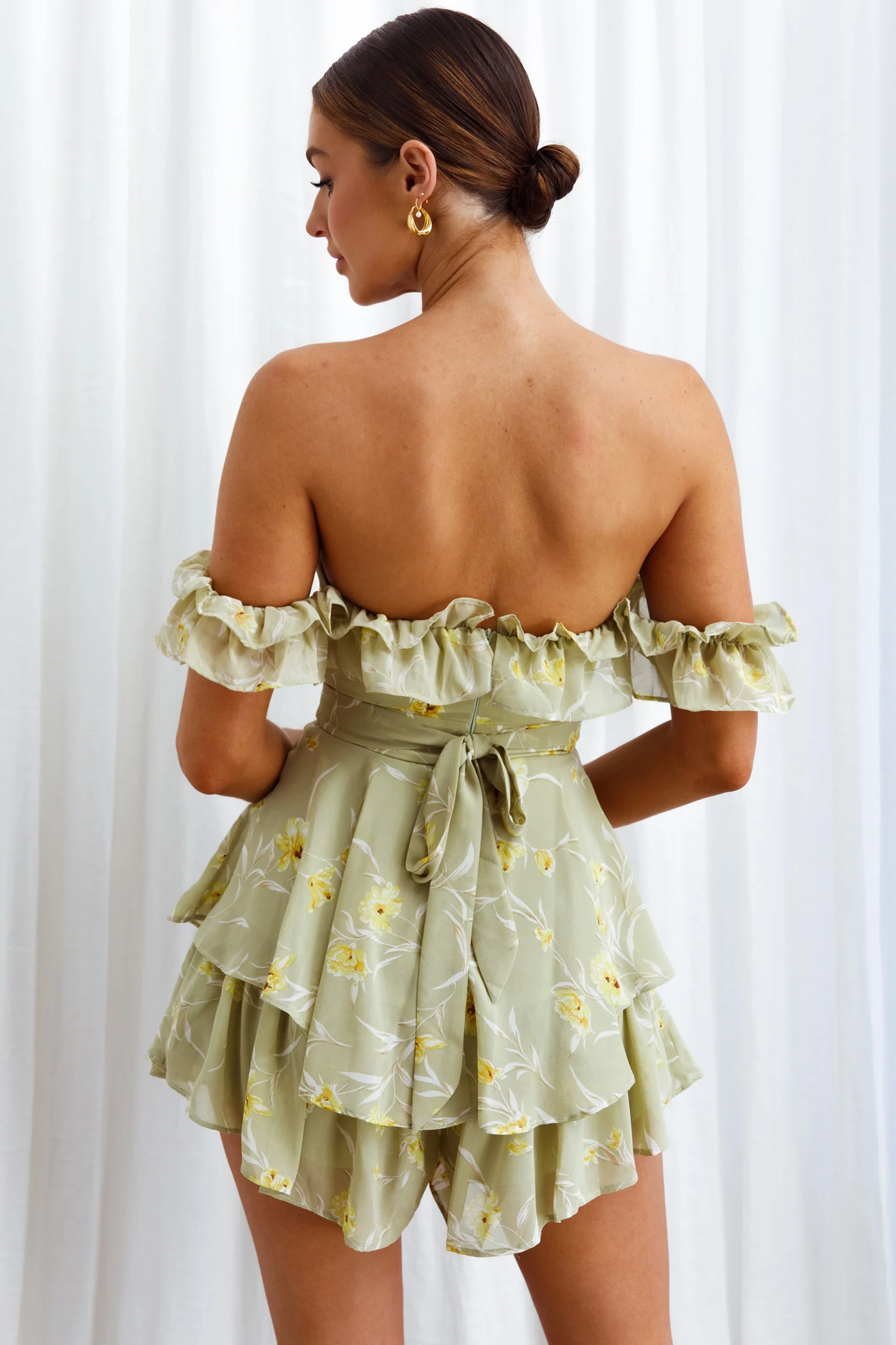 Verona Off-Shoulder Romper Floral Print Olive - Seraphlike