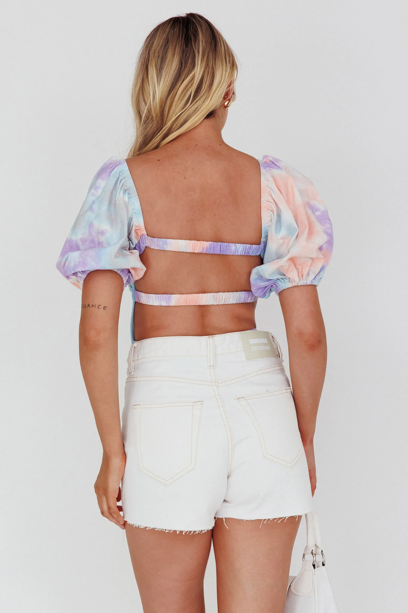 Just A Glimpse Puff Sleeve Open Back Bodysuit Tie-Dye Purple/Blue - Seraphlike
