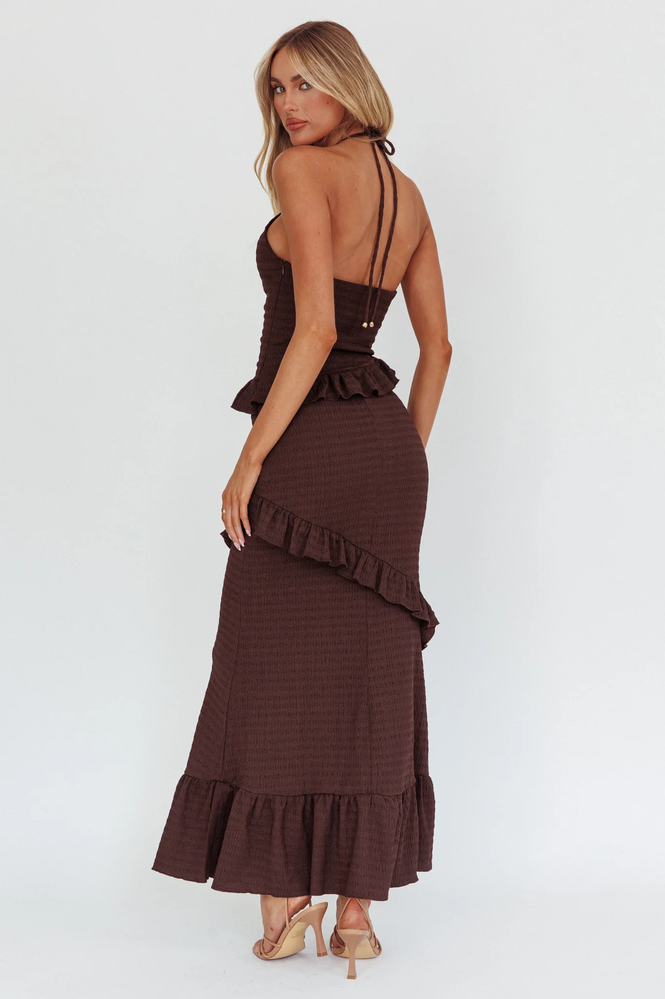 Clemence Smocked Frill Trim Maxi Dress Chocolate - Seraphlike