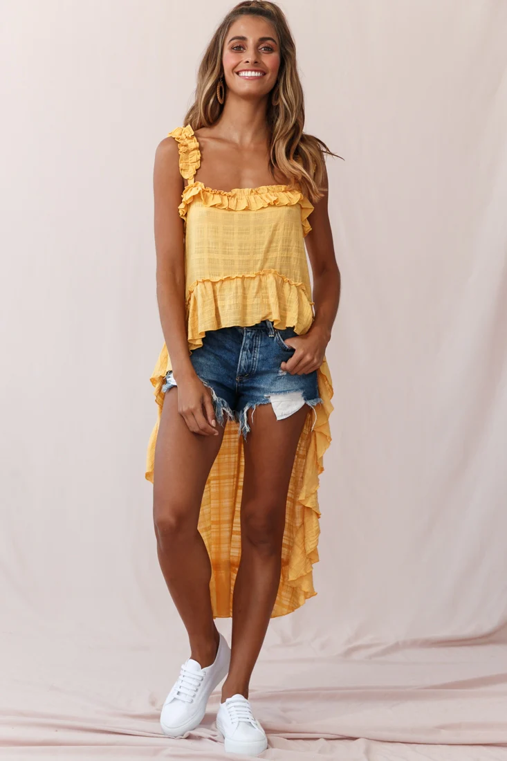 Jacinta High-Low Ruffle Strap Top Mustard - Seraphlike