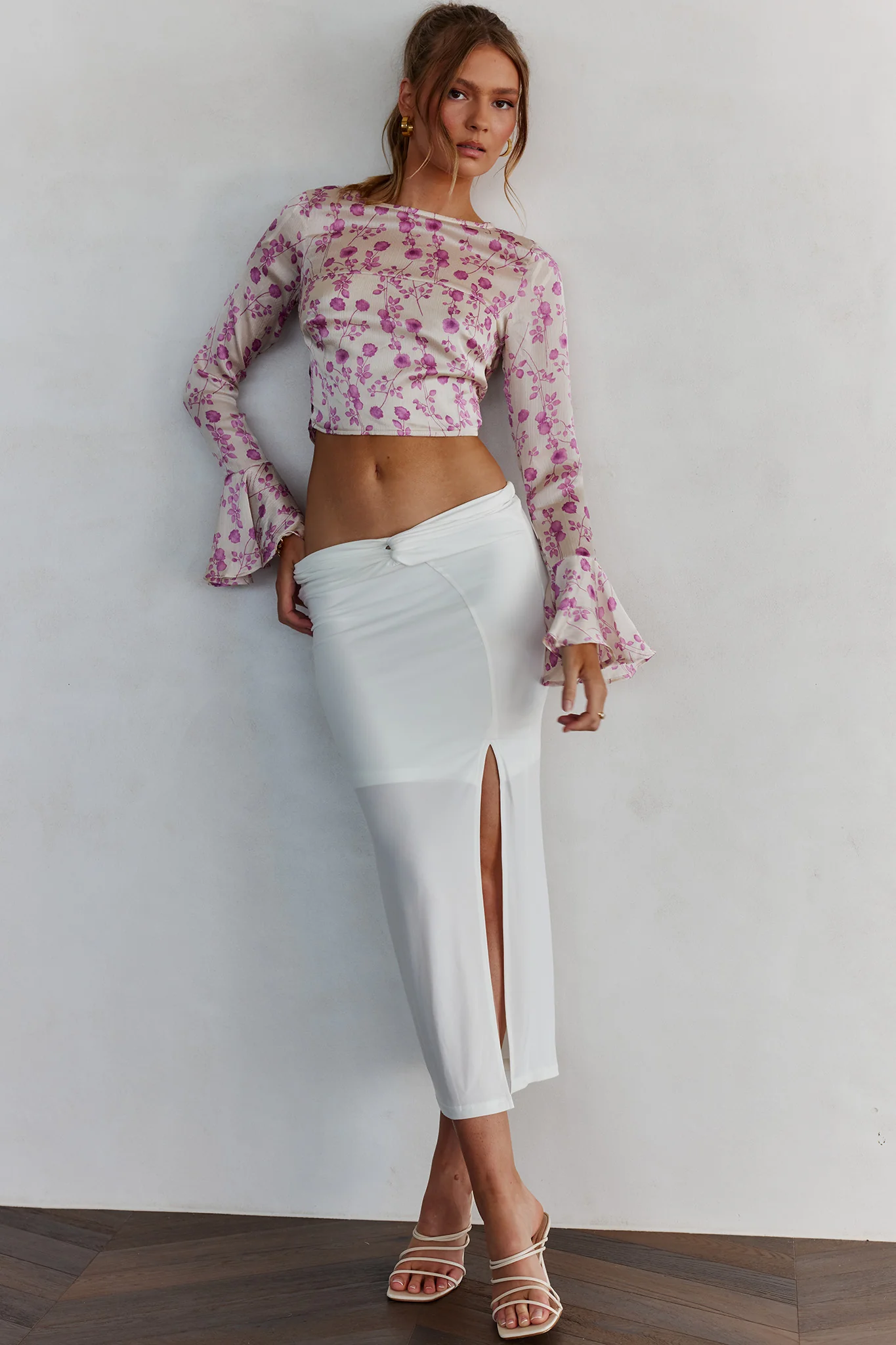 Adalia Long Sleeve Tied Top Floral Champagne - Seraphlike