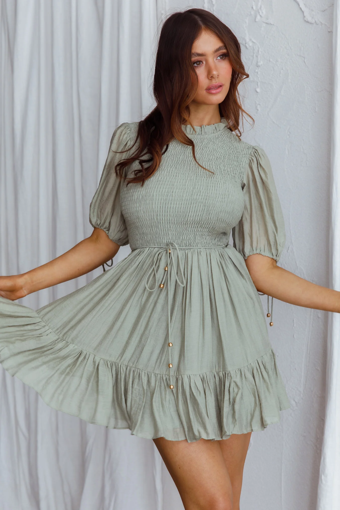 Secret Garden Puff Sleeve Smocked Bodice Dress Avocado - Seraphlike