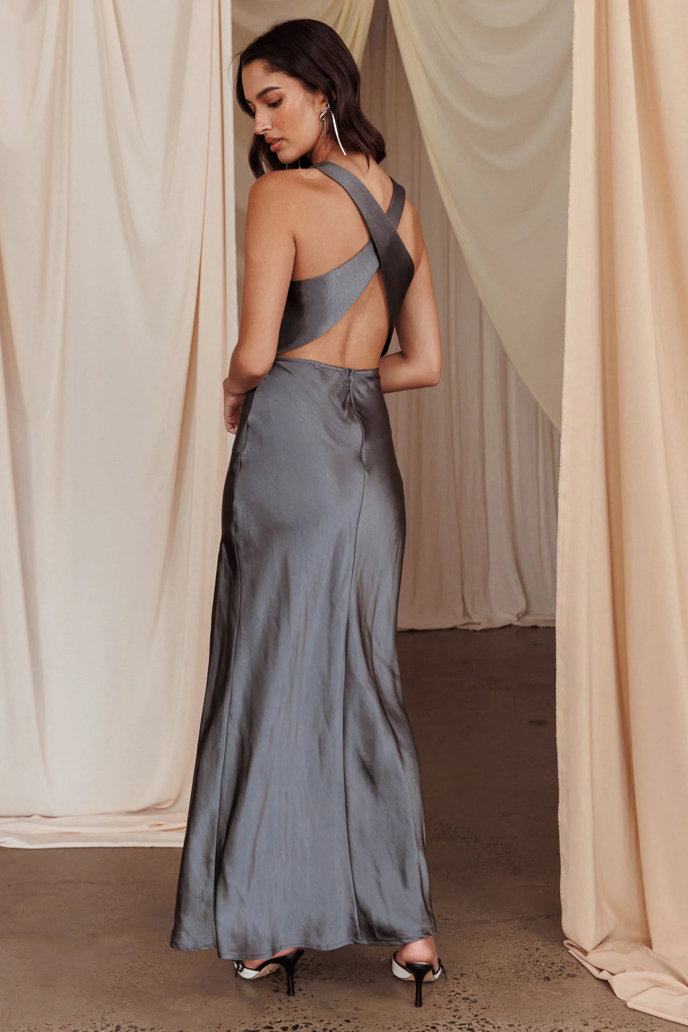 Moonlight Mirage Criss-Cross Back Maxi Dress Charcoal - Seraphlike