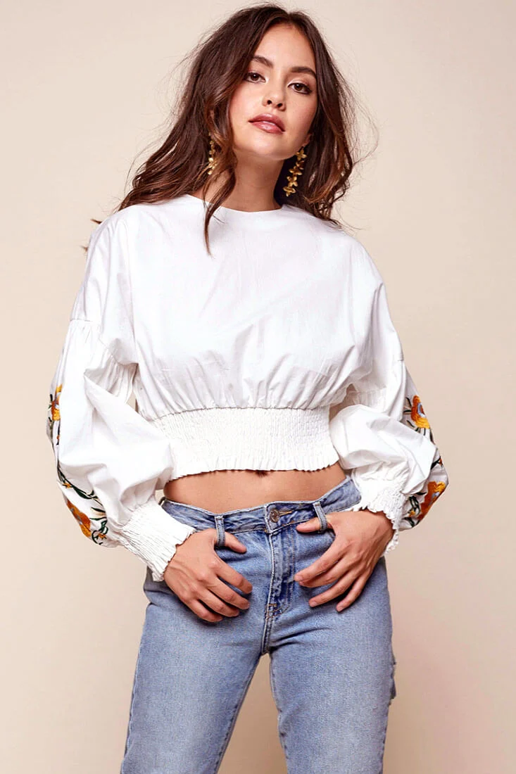 Halle Floral Puff Sleeved Cropped Top White - Seraphlike