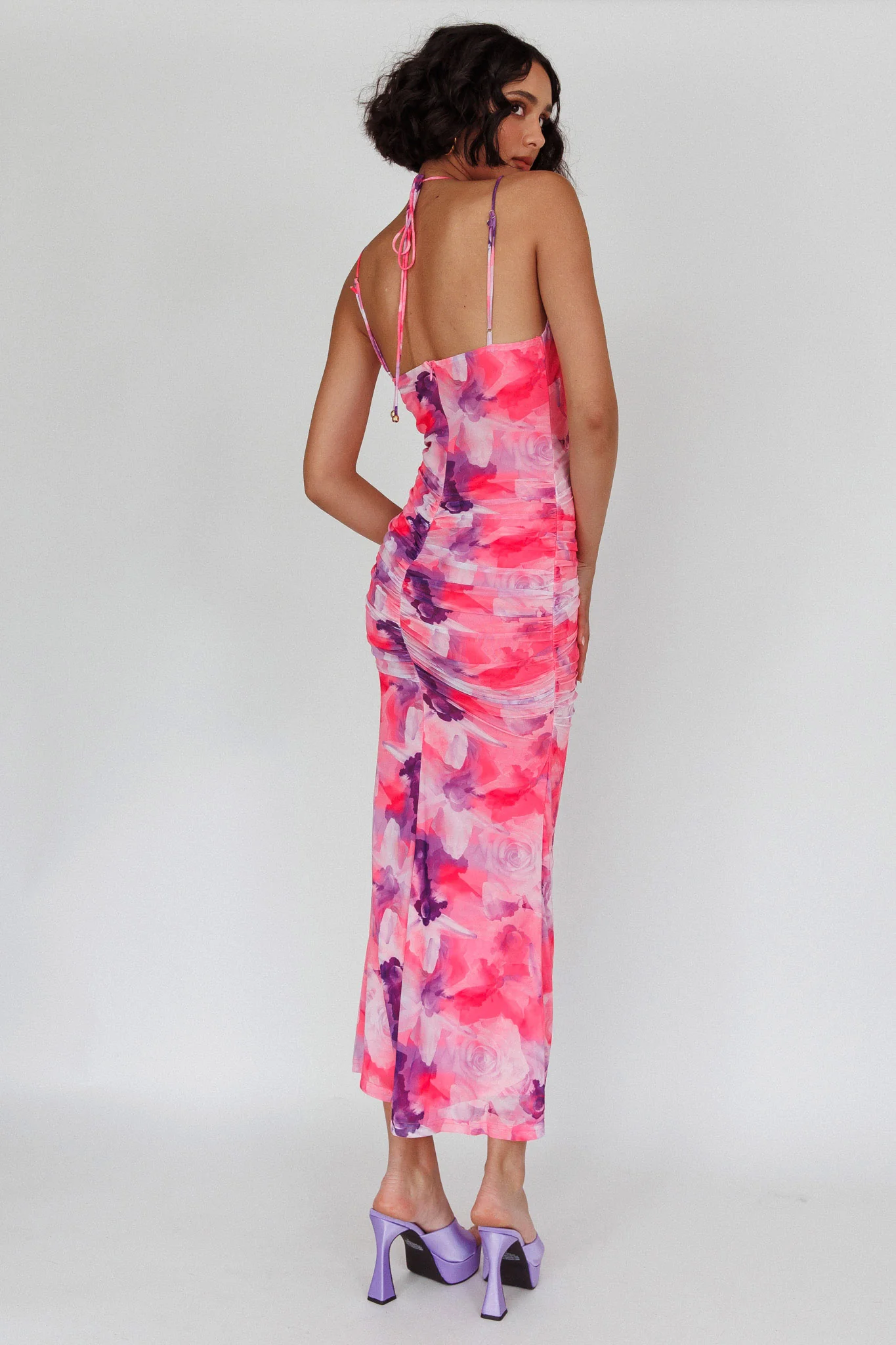 Gypsy Garden Laced Bodice Ruched Midi Dress Pink - Seraphlike