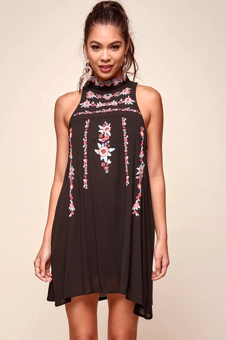 Shonda Floral Embroidered Detail Mid-Length Dress Black - Seraphlike