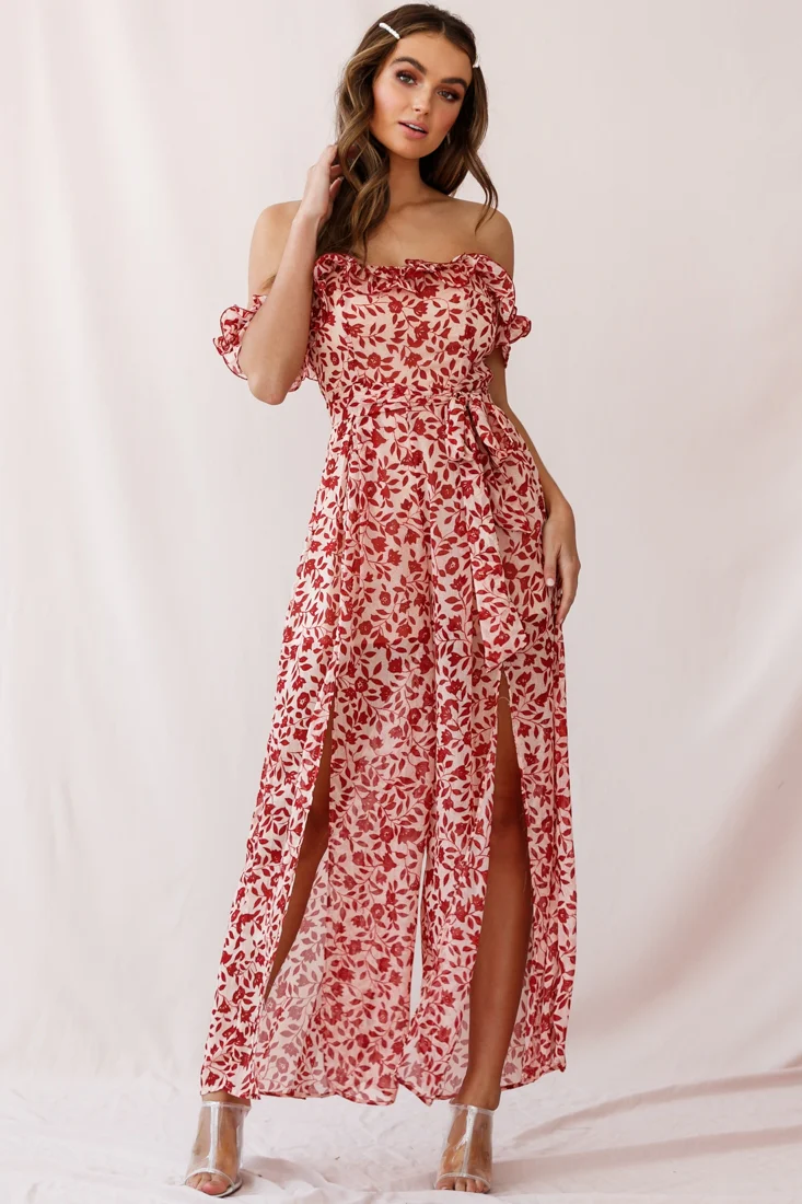 Jazz Bardot Neckline Wide Leg Split Jumpsuit Red - Seraphlike