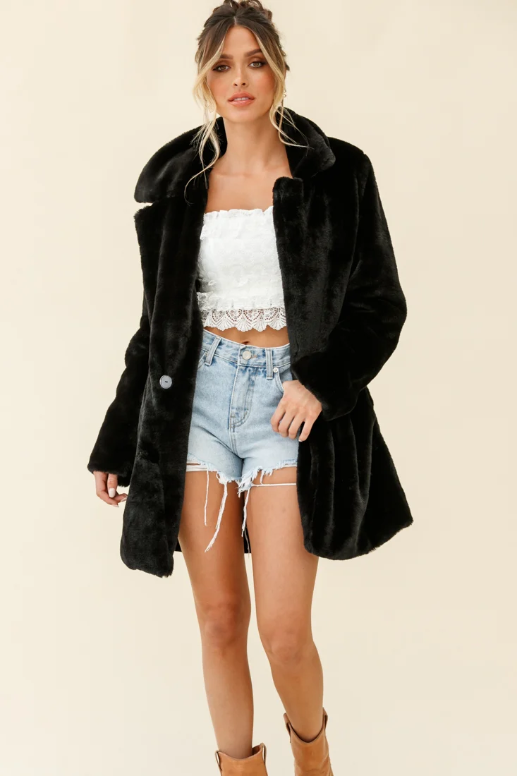 Tahoe Faux Fur Notch Lapel Coat Black - Seraphlike