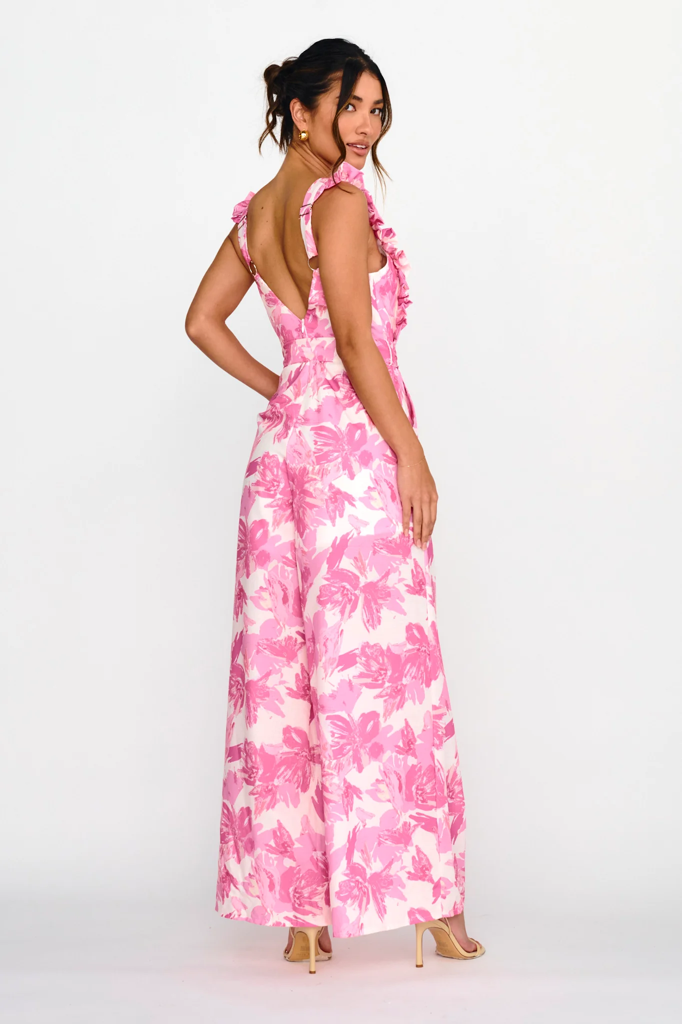 All For Love Square Neckline Ruffle Strap Jumpsuit Floral Pink - Seraphlike