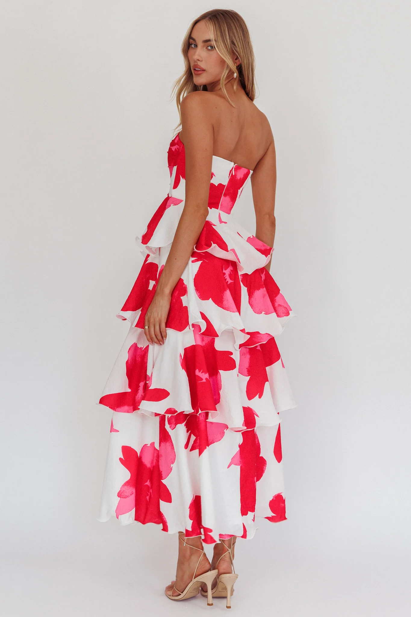 Giavana Strapless Layered Midi Dress Floral Red - Seraphlike