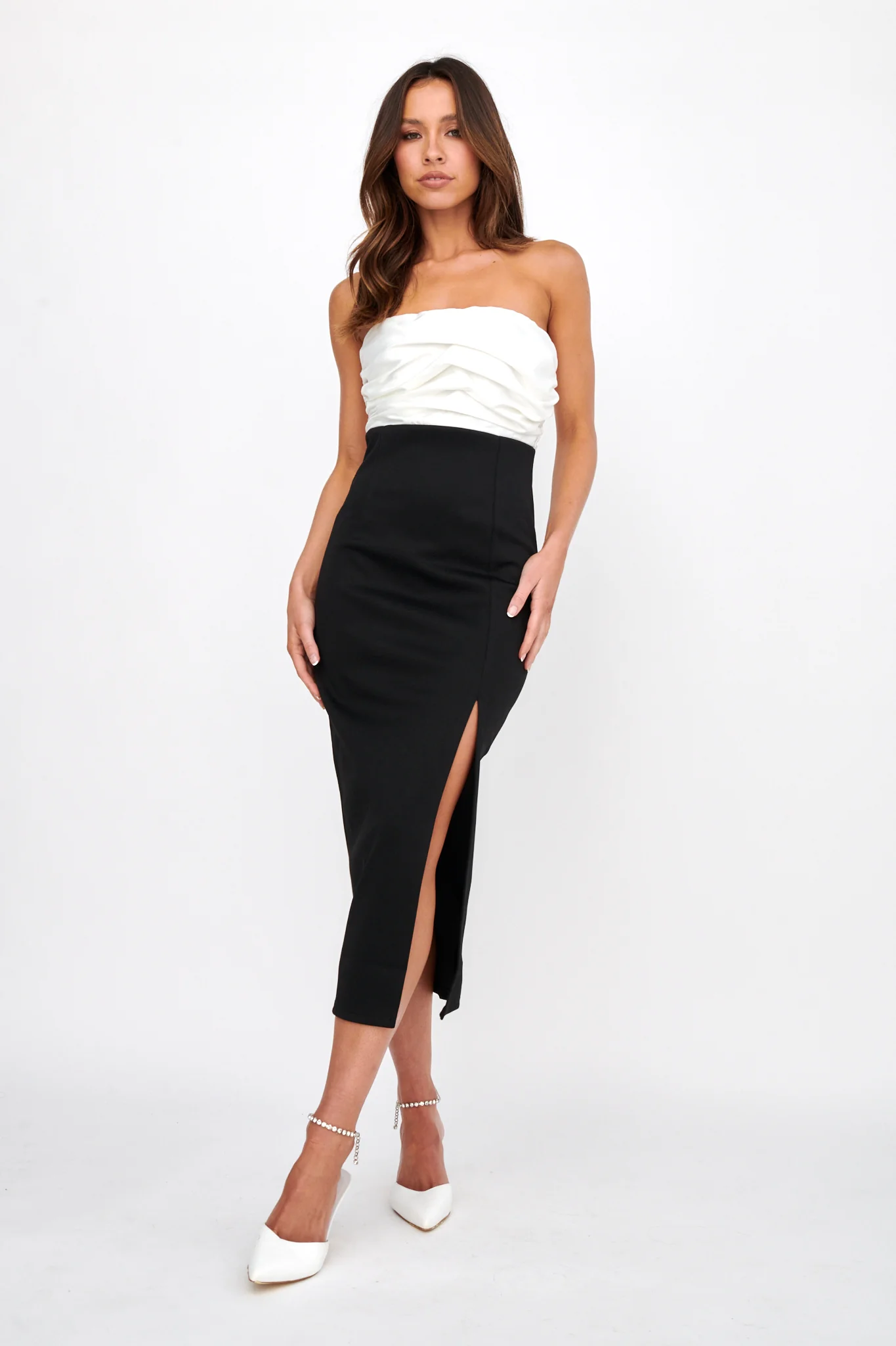 Brandi Strapless Split Midi Dress White/Black - Seraphlike