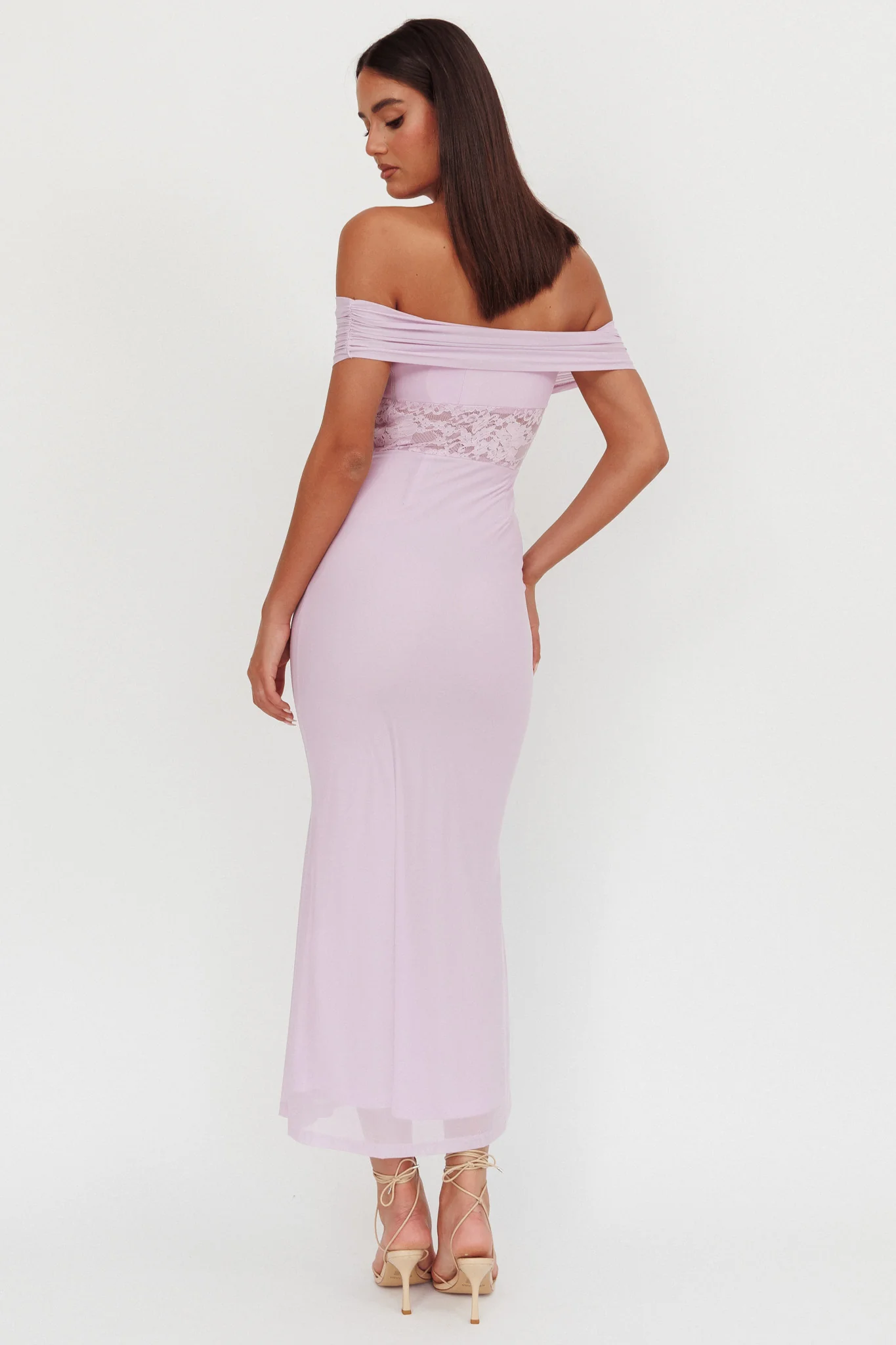 Flutters Off-Shoulder Lace Insert Maxi Dress Lilac - Seraphlike