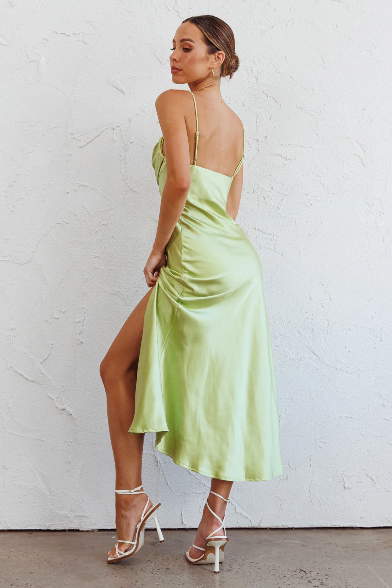 Well Versed Pleated Bust Front Split Dress Satin Lime - Seraphlike