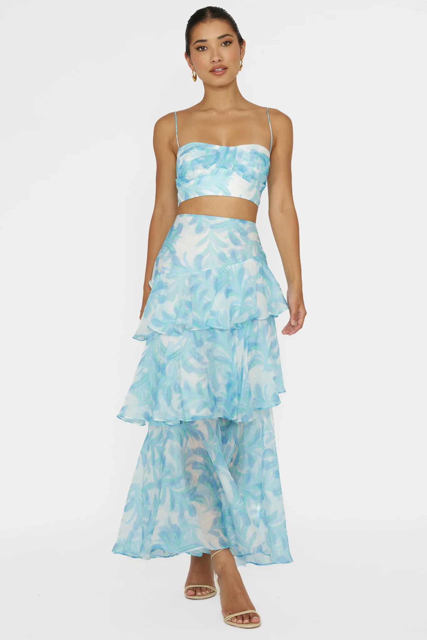 Veda Tiered Ruffle Maxi Skirt Floral Blue - Seraphlike