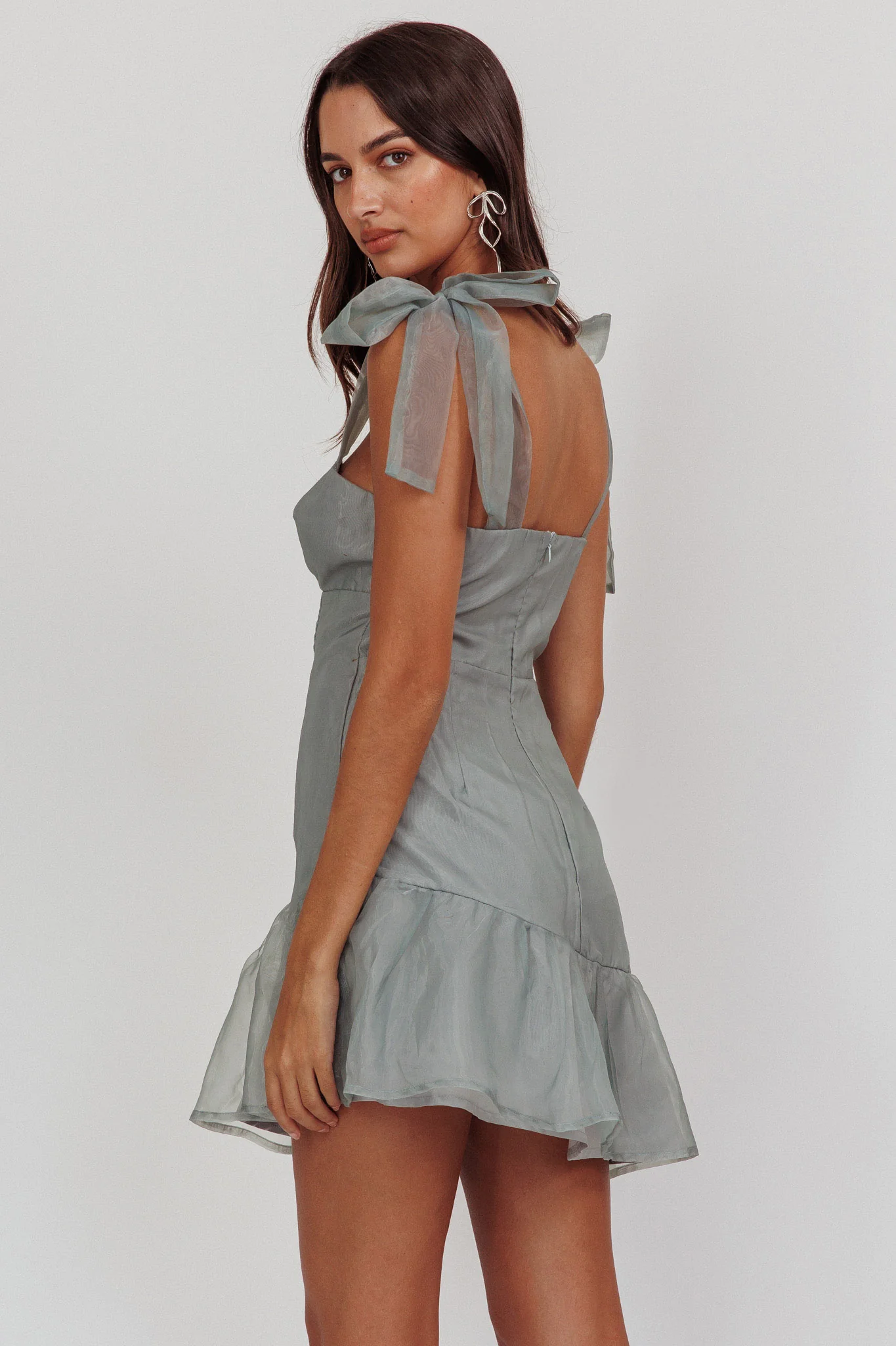 Alexia Bow Shoulder Ruffle Hem Mini Dress Sage - Seraphlike