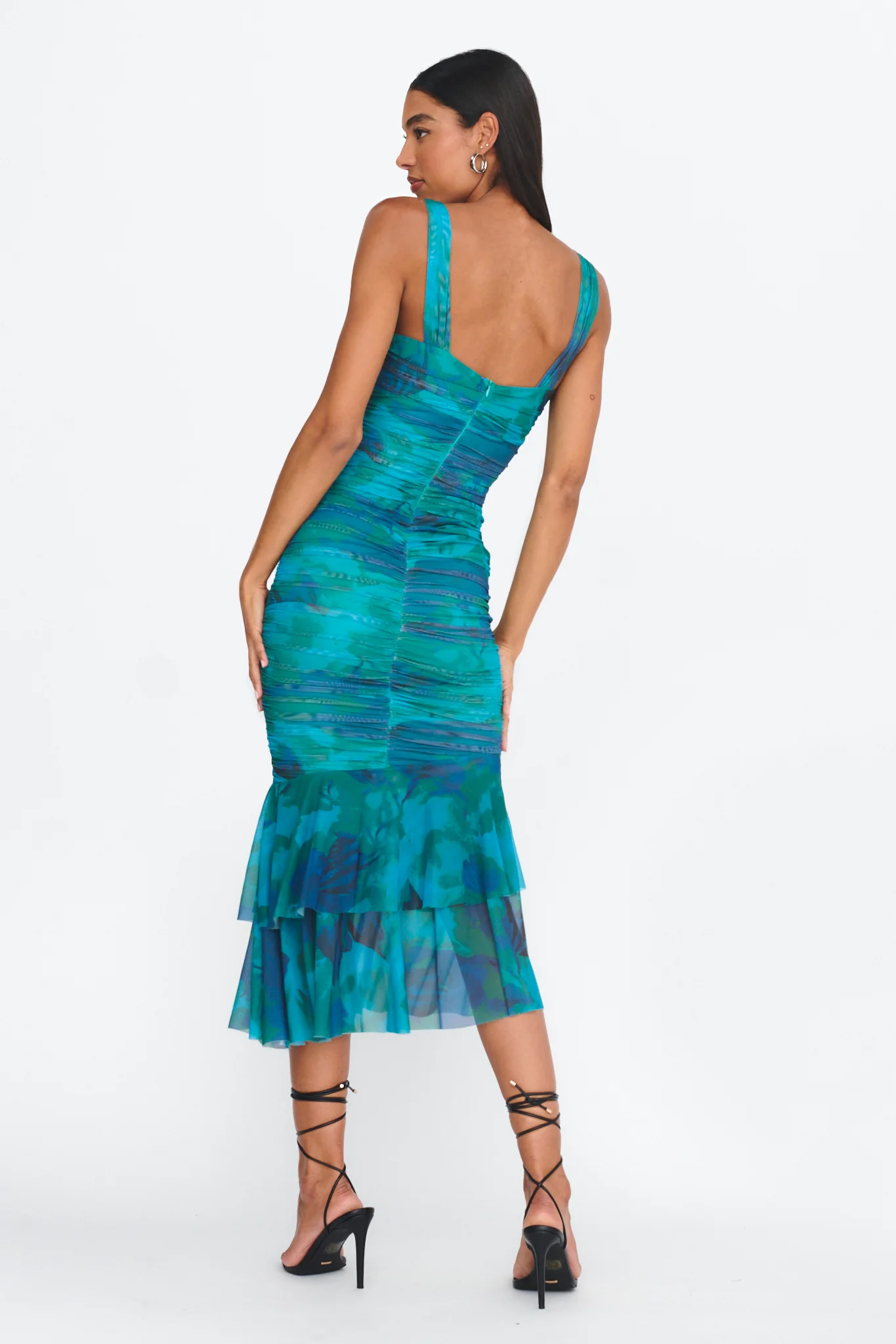 Nadia Ruched Fishtail Midi Dress Abstract Green - Seraphlike