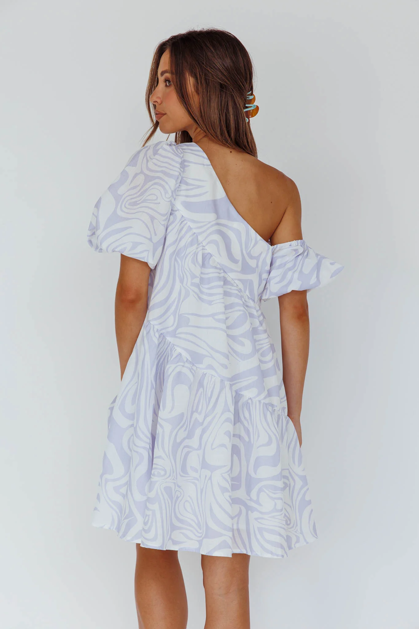 Villa Puff Sleeve One-Shoulder Dress Blue - Seraphlike