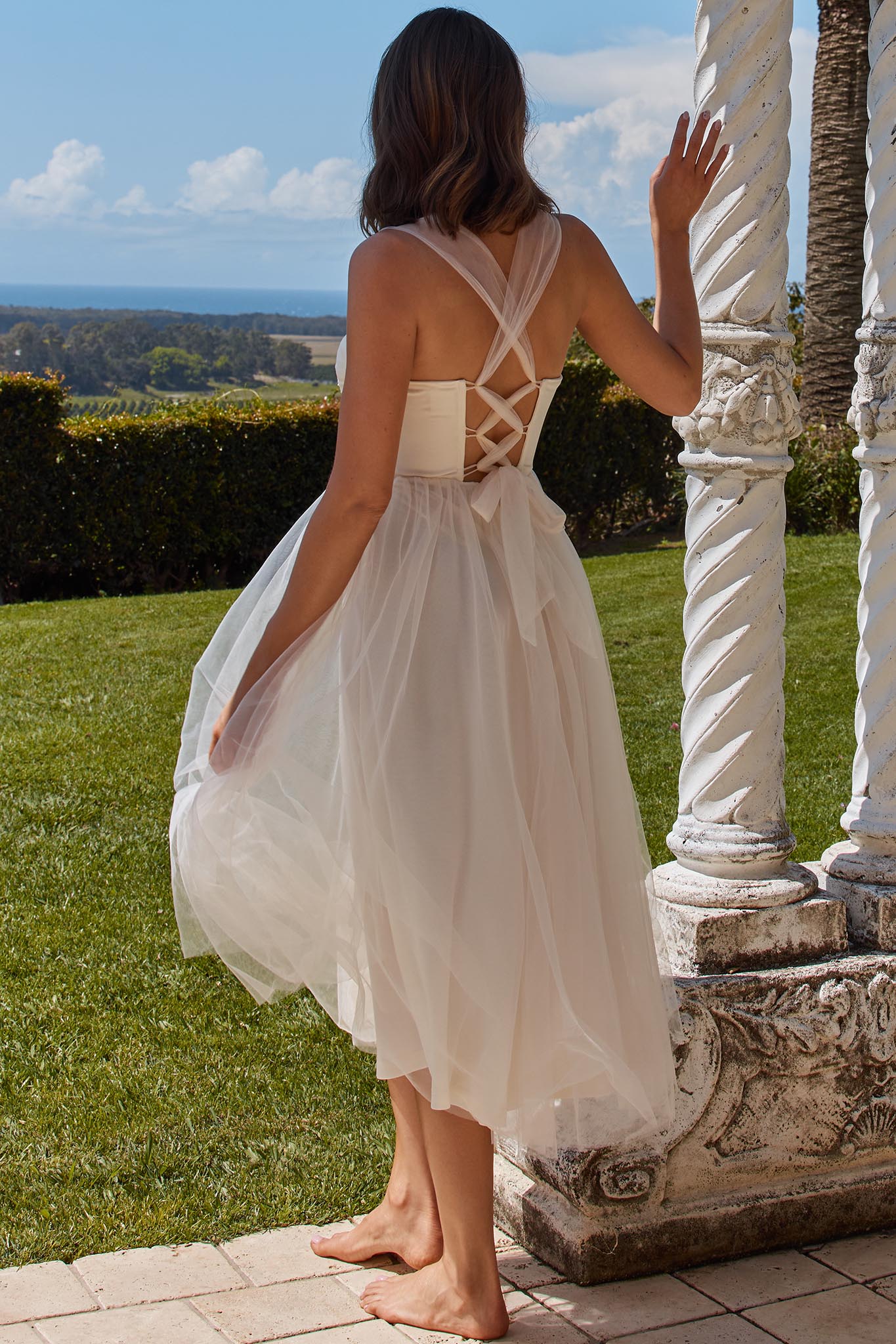 Surreal Lace-Up Back Tulle Midi Dress Butter - Seraphlike