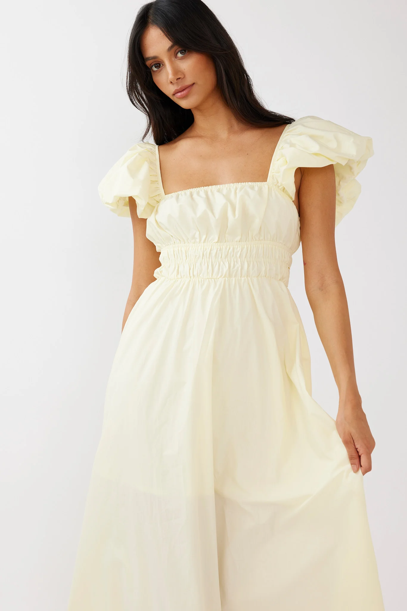 Rose Meadow Puffed Sleeve Midi Dress Banana - Seraphlike