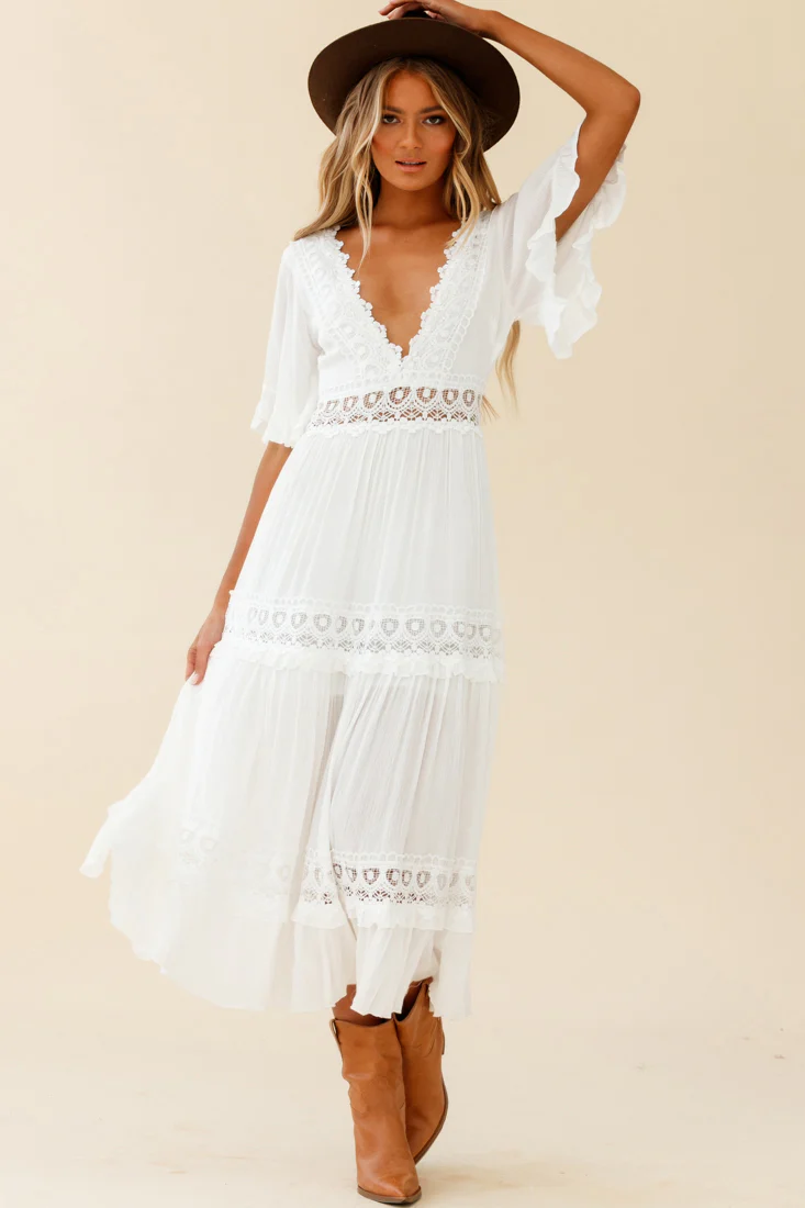 Indio Crochet Insert Deep V-Neckline Angel Sleeve Maxi Dress White - Seraphlike